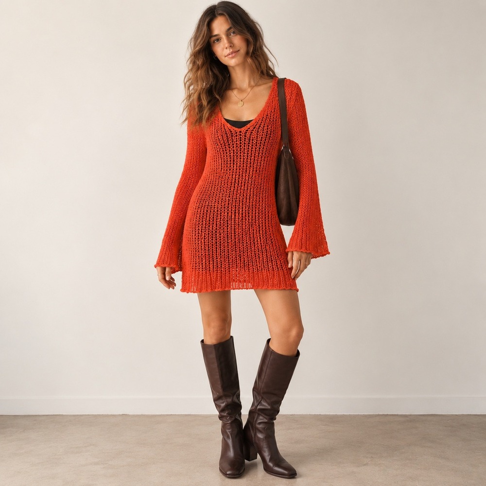 Urban Outfitters Womens Open Knit Crochet Dress Size M Boho Fall Layering Retro